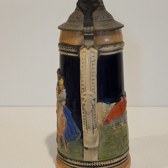 Vintage German Beer Stein Pewter Lid 8.5 in Tall Hand Painted Couple 0.5 L - Picture 4 of 16